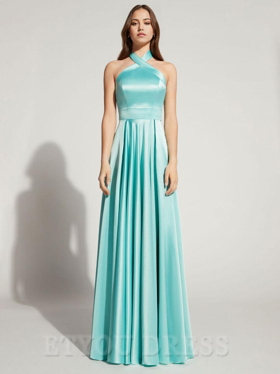 A-Line Halter Floor-Length Sleeveless Backless Satin formal dress evening gown Wedding Guest Dresses Prom Dress